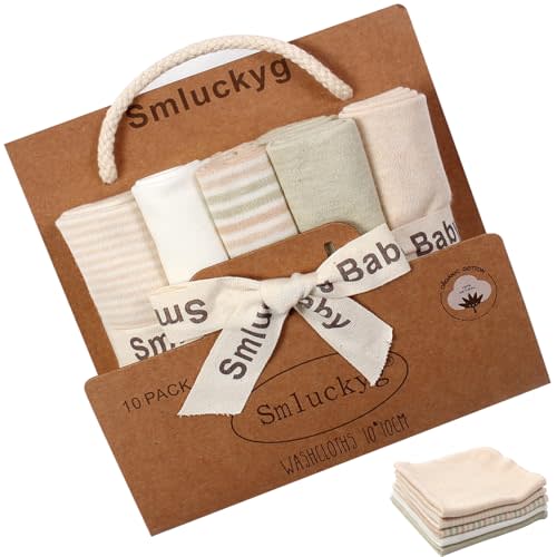 Smluckyg 10-Pack Organic Baby Washcloths - Ultra Soft 100% Cotton Reusable Towels, Gentle for Newborn Sensitive Skin, Perfect for Baby Towels, Feeding & Travel Care (Multicolor)