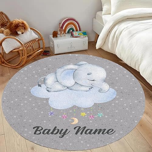 Personalized Elephant Baby Toddler Rugs for Baby Boys Girls: Custom Fluffy Rug for Bedroom Living Room - Personalized Baby Gifts Grey Plush Area Rugs for Baby Room Decor