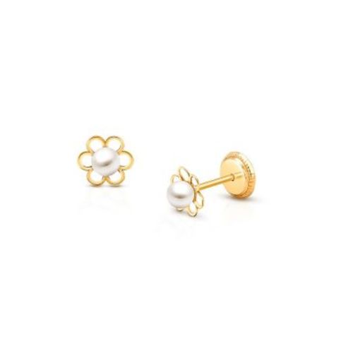 Girls' 14K Gold Petals and Cultured Pearls Studs Screw Back Earrings - Baby, Little Kid, Big Kid