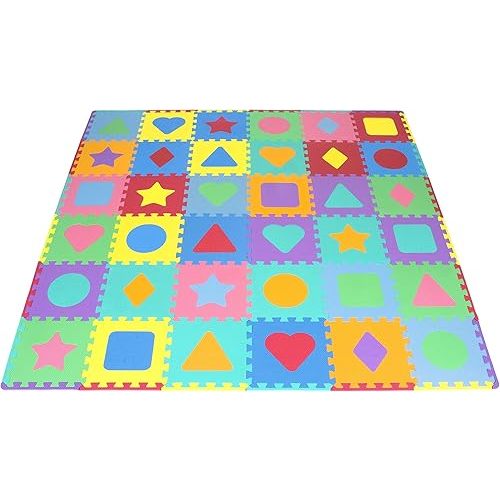 ProSource Kids Foam Puzzle Floor Play Mat with Shapes & Colors 36 Tiles, 12"x12" and 24 Borders