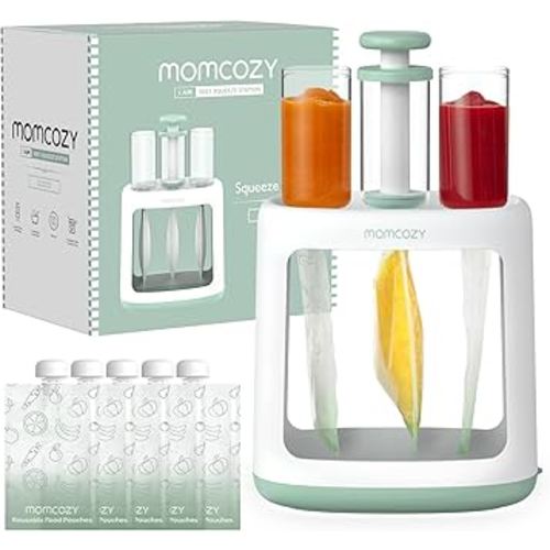Momcozy Baby Food Maker for Puree Food Storage, Precise Capacity Squeeze Station, Save Time & Efficient, No Food Splashing, Baby Essentials, with 5pcs Reusable Portable Food Storage Bags for Outdoor