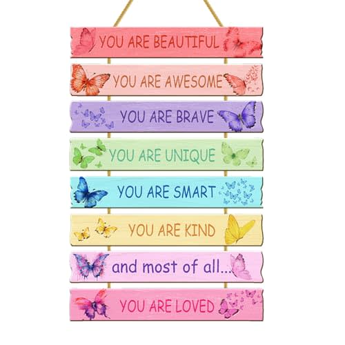 Rutiyoka Butterfly Room Decor for Girls Bedroom Wall Rainbow Inspirational Art Kids Wood Decorations Little Girl Nursery Toddler Sign