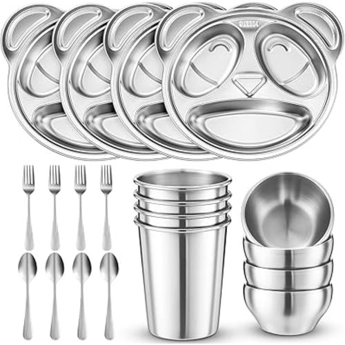 Jinei 20 Pieces Kids Stainless Steel Utensils Set Include 4 Panda Shaped Plates, 4 Bowls, 4 Cups, 4 Spoons, and 4 Forks, Stainless Steel Dinnerware Set for Toddler Utensils silverware