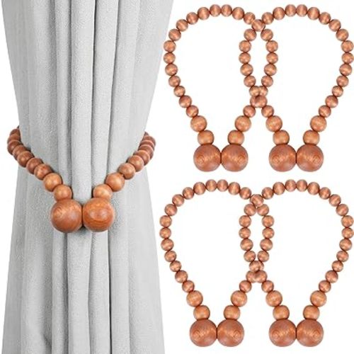 Magnetic Curtain Tiebacks, Curtain Tie Backs for Curtains 4 Pack, Wood Bead Curtain Tiebacks, Curtain Holders for Boho Bedroom Decor, Baby Nursery Decor, Farmhouse Decor