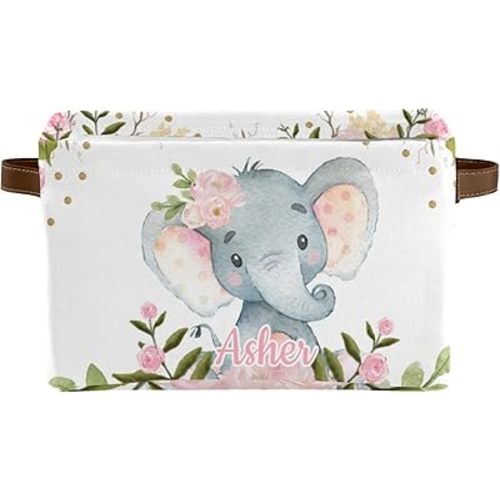 Deven Pink Gold Floral Elephant Personalized Large Storage Baskets for Organizing Shelves with Handle,Closet Decorative Storage Bins for Toy, Bathroom,Nursery,Home 4 Pack