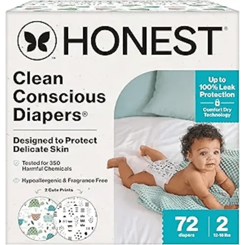 The Honest Company Clean Conscious Diapers for Sensitive Skin | Up to 100% Leakproof | Hypoallergenic, Fragrance Free | Gender Neutral | Club Box, Size 2 (12-18 lbs), 72 Count (Prints May Vary)