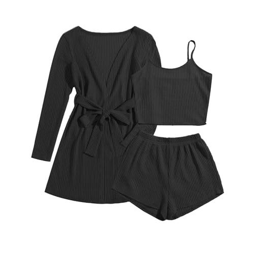 Ekouaer Womens 3 Piece Waffle Knit Lounge Set Soft Pajama Sets Tank Top and Shorts Cardigan with Pockets S-XXL
