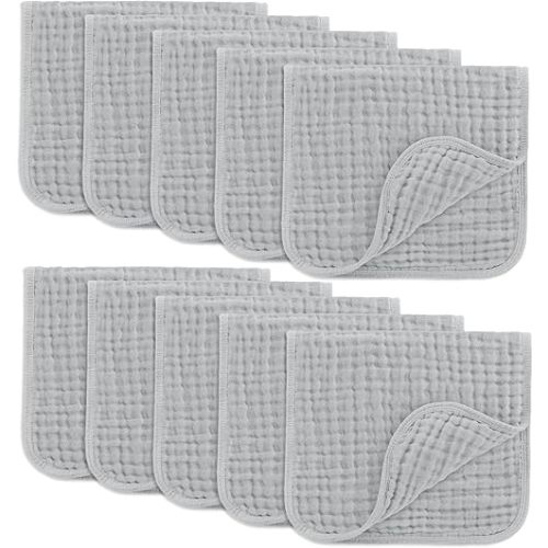 Comfy Cubs Muslin Burp Cloths 20" x 10", Pack of 10 - Large, 6-Layer, Ultra Absorbent 100% Cotton for Baby Drool and Messes - Soft, Safe & Gentle Baby Burp Cloths for Boys & Girls - Heather Blue