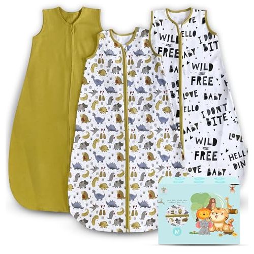Cute Castle Baby Sleep Sack 6-12 Months - Lightweight 100% Cotton 2-Way Zipper TOG 0.5 Infant Wearable Blanket, Newborn Essentials Toddler Sleep Clothes, 3 Pack(Honey, Dinosaurs, Letters)