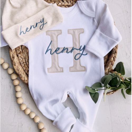Personalized Newborn Baby Boy Outfit | White Romper With Beige Stripe – Wonderfully Made