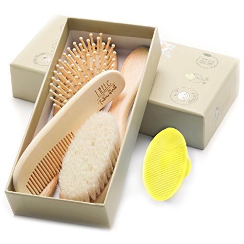 Wooden Baby Hair Brush and Comb Set (4-Piece) for Newborns and Toddlers | Ideal for Baby Cradle Cap | Wood Bristles Baby Brush | Baby Massage and Scalp Brush | Perfect for Baby Registry Gift Set