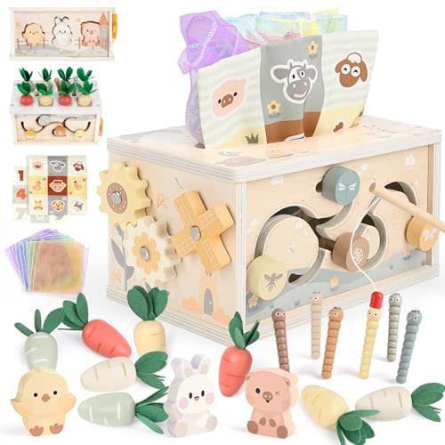 DINORUN Baby Tissue Box Toy - Baby Toys 18 Months 2 3 4 Years Montessori Toys for Babies 18 Months with Crinkle, Infant Activity Cube Sensory Christmas Stocking Stuffers Learning Toy for 2 3 4 Years