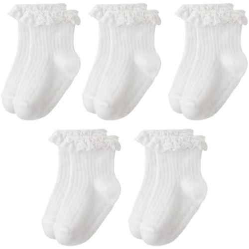 Meeshine Baby Toddler Girls Anti Slip Ruffle Socks with Grips Newborn Infant Cotton Non Skid Frilly Dress Socks, 5 Packs