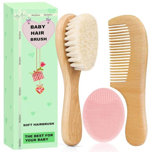 3PCS Baby Hair Brush with Wooden Handle and Comb Set for Newborns & Toddlers | Natural Soft Goat Bristles l Wood Comb l Pink Silicone Brush| Ideal for Cradle Cap