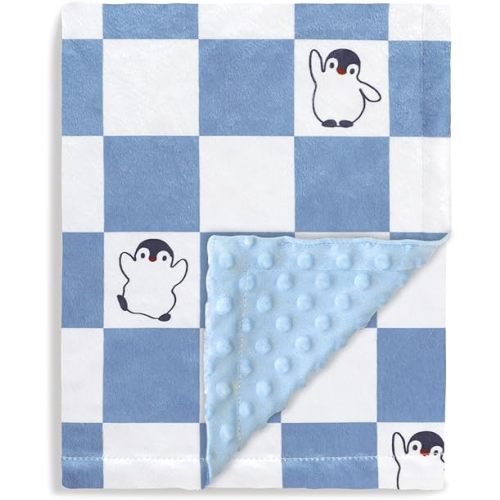 Baby Blanket for Boys Soft Lightweight Minky Blanket with Double Layer Dotted Backing, Checkered Blanket with Cute Penguin Designfor Infant Toddler Nursery Blue 30 x 40 Inch