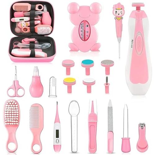 Baby Healthcare and Grooming Kit, 26 in 1 Portable Baby Safety Care Set with Hair Brush Comb Nasal Aspirator Electric Nail Trimmer Set Baby Essentials kit for Newborn Boys Girls (Pink)