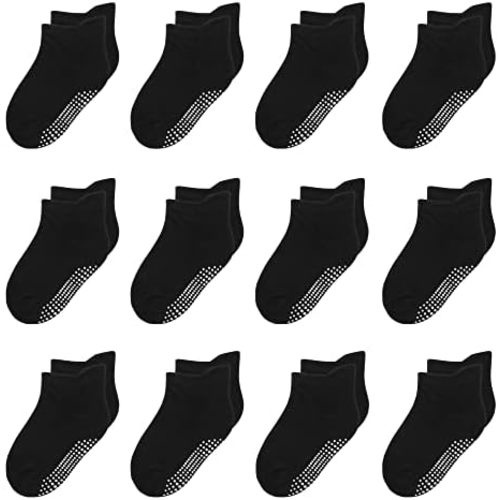 12 Pack Non Slip Kids Toddler Baby Socks with Grips 1-7 Years Boys Girls Cotton Ankle Socks Multi Colors