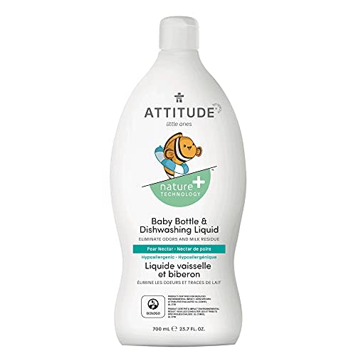 ATTITUDE Baby Dish Soap and Bottle Cleaner, EWG Verified Dishwashing Liquid, No Added Dyes or Fragrances, Tough on Milk Residue and Grease, Vegan, Pear Nectar, 23.7 Fl Oz