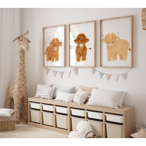 Farm Nursery Decor, Highland Nursery Art, Nursery Prints, Nursery Wall Art, Highland Cow Print Set 3, Farm Baby Animal, Calf, Baby Bedroom