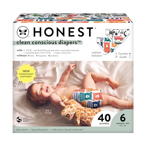 The Honest Company Clean Conscious Diapers for Sensitive Skin | Hypoallergenic, Fragrance Free | Gender Neutral Prints | Club Box, Size 6 (35+ lbs), 40 Count (Prints May Temporarily Vary)