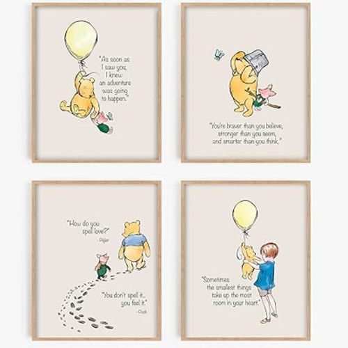 Classic Winnie the Pooh Wall Art, Winnie the Pooh Nursery Decor, Winnie the Pooh Nursery, Winnie the Pooh Decor, Vintage Winnie the Pooh Baby Shower Poster Decorations - Unframed Set of 4 (8x10)
