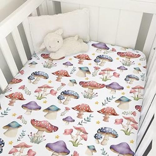 Watercolor Mushroom Forest Baby Crib Sheets 52''x28'' Colorful Mushroom Floral Leaves Snug Fitted Crib Mattress Cover for Boy Girl Woodland Fantasy Soft Baby Nursery Bed Toddler Mattresses Sheets