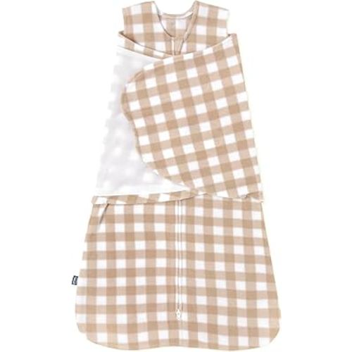 HALO Micro-Fleece Sleepsack Swaddle, 3-Way Adjustable Wearable Blanket, TOG 3.0, Gingham Tan, Newborn, 0-3 Months