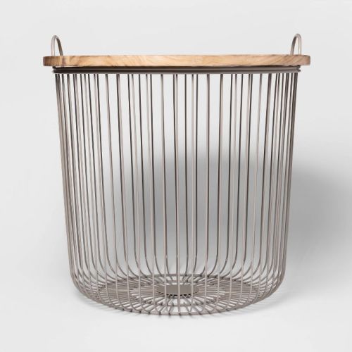 Wire Kids' Storage Floor Bin Gray - Pillowfort™: Round Metal & Wood Basket with Lid and Handles