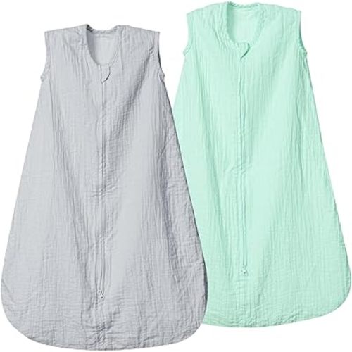 david's kids Muslin Cotton Baby Sleep Sack 0-6 Months, 2 Pack 100% Cotton Sleeping Bag for Summer, TOG 0.5 Baby Wearable Blankets with 2-Way Zipper, Soft Sleep Sacks for Newborn Infant, Grey & Green