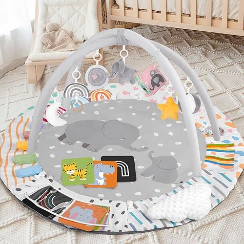 Baby Play Gym & Activity Mat, Tummy Time Mat with Tummy Time Pillow 7 Detachable Sensory Toys and Educational Cards for Motor Skills & Sensory Development, Baby Essentials Shower Gift, Grey Elephant