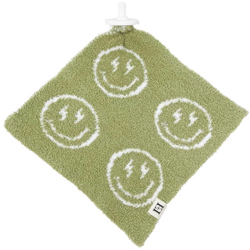 Smiley Face Baby Lovey Pacifier/Teether Holder 10"x10" - DreamSoft Knitted Cuddly Soothie Reversible Mini Comfort Blanket - Cute Newborn Gift Essential for Babies Boys and Girls (Green/White)