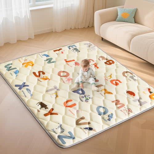 Baby Play Mats for Floor - 65”x50” Playmat for Babies - Foldable Soft Foam Mat for Toddlers - Machine Washable & Non-Slip Thick Play Mat for Picnic Portable - Animals Alphabet Design