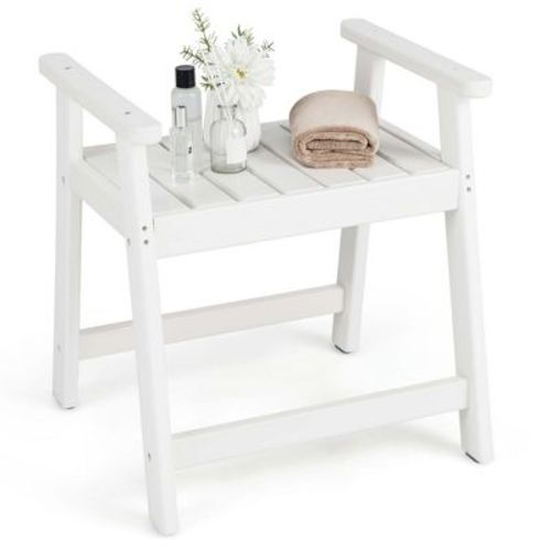 Costway Waterproof HDPE Shower Bench Bathroom Shower Chair with Armrest Heavy Duty White/Brown