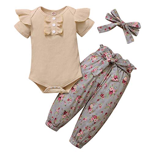 Newborn Baby Girls Clothes Ribbed Ruffled Romper+Floral Pants+Headband Infant Outfit Set