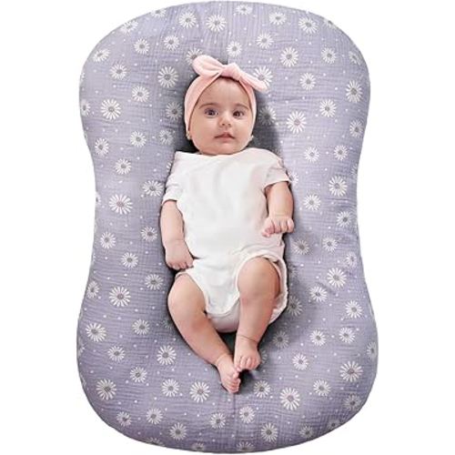 FUNUPUP Muslin Baby Lounger Cover Compatible with Snuggle Me Lounger, Infant Pillow Cover for Newborn, Removable Nest Slipcover for Boys and Girls, Only Cover, Purple Daisy