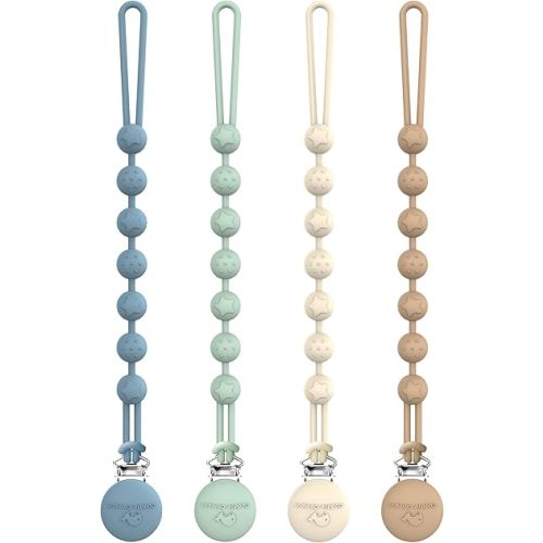 Cuddle Campus Silicone Pacifier Clip Holder with One Piece Design, Pack of 4 Soft Flexible Binky Clips with Texture for Baby Boy and Girl Set 1