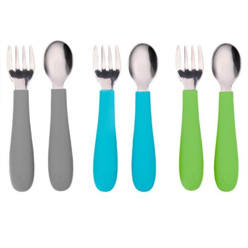 WeeSprout Toddler Utensils, 3 Forks & 3 Spoons, 18/8 Stainless Steel & Food Grade Silicone - Bright Purple, Pink, Blue