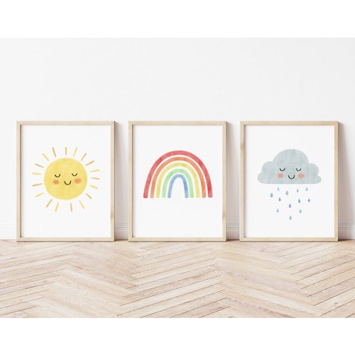 Sunshine Nursery Print, Sun Rainbow Cloud Art Print, Neutral Nursery Decor, Rainbow Poster, Playroom Art Print, Rainbow Print Set