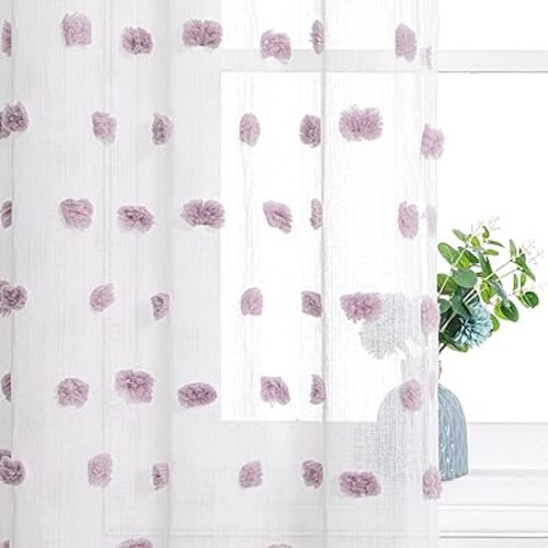 MYSKY HOME Curtains for Living Room 84 Inch Length Lilac Pom Pom White Sheer Curtains for Girls Bedroom Nursery Curtains Kids Room Rod Pocket Farmhouse Dining Room Window Drape 2 Pieces 37 x 84 in