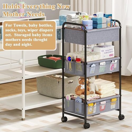 3-Tier Baby Diaper Caddy Cart Organizer with 2 Dividers & 14 Mesh Pockets - Black Mobile Nursery Storage Cart with Wheels, Durable Metal Utility Cart for Nursery, Bedroom, Baby Essentials Organization