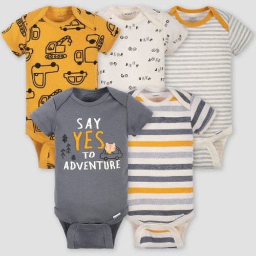 Gerber Baby Boys' 5pk Short Sleeve Vehicle Bodysuits - Gold/Gray, Size: 0-3M