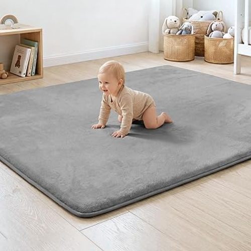 1.3" Thick Baby Floor Play Mat 50x74, Basic Padded Foam Mat for Tummy Time Crawling, Non Slip Cushioned for Babies Toddlers Infants Kids (Light Grey)
