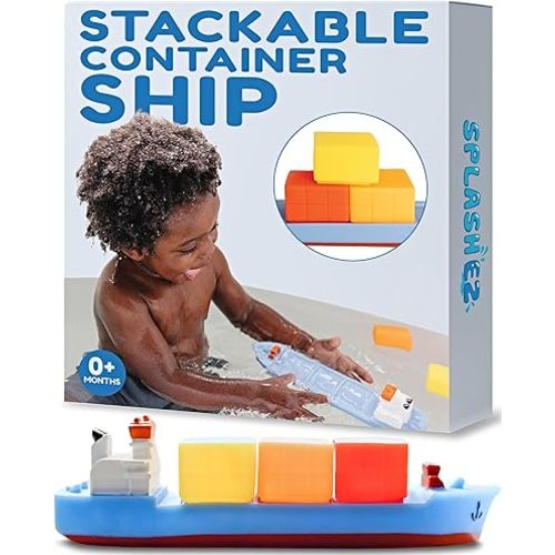 SplashEZ Boat Bath Toy, Mold Free Bath Toys for Kids & Toddlers Ages 1-3, No Hole Floating Ship with Stacking Blocks for Baby Bathtub, Pool, Shower for Boys & Girls, Kids Water Play Set