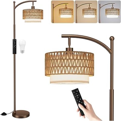 Ambimall Arc Floor Lamp for Living Room with Remote, Color Temperature & Brightness Adjustable, Boho Standing Lamp with Rattan & Fabric Double Drum Shades, Bulb Included(Brown)