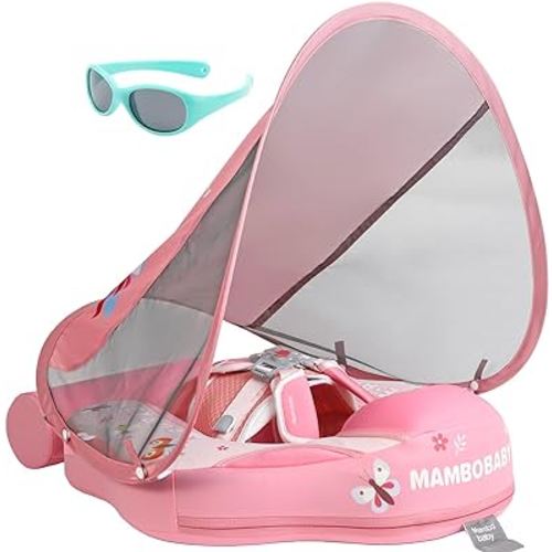 Mambobaby Newest Non Inflatable Baby Float Size Improved Add Tail Avoid Flip Over Swim Trainer Solid Infant Pool Float with Canopy UPF 50+ Swim Ring