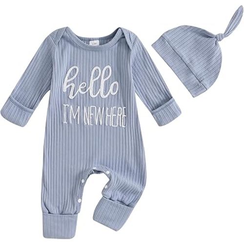 FIOMVA Im New Here Newborn Outfit Boy Long Sleeve Letter Romper Ribbed Knit Jumpsuit Baby Boy Preemie Coming Home Outfit