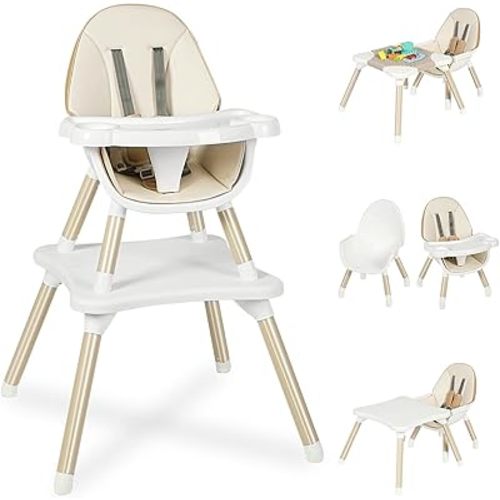 6 in 1 Baby High Chair, Convertible Highchair for Babies and Toddlers, Building Block Table Highchair with 5-Point Safety Harness/Removable Tray, Infant Feeding Table and Chair Set, Khaki