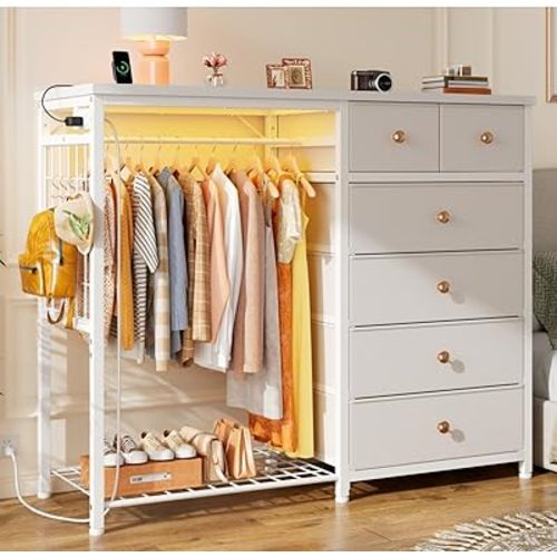 EnHomee 49.2" W Dresser with Hanging Rack & 6 Fabric Drawers for Bedroom, Featuring LED Lights and Charging Station, White Fabric Dressers & Chest of Drawers with Grid Panel & 4 Hooks, Wooden Top