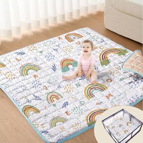 Baby Play Mats for Floor, 50x50 Playpen Mat Rainbow Crawling Mat Non-Slip Cushioned Floor Mat for Baby Toddlers Infants Activity & Tummy Time, Foldable & Machine Washable Playmat (Rainbow,50x50)