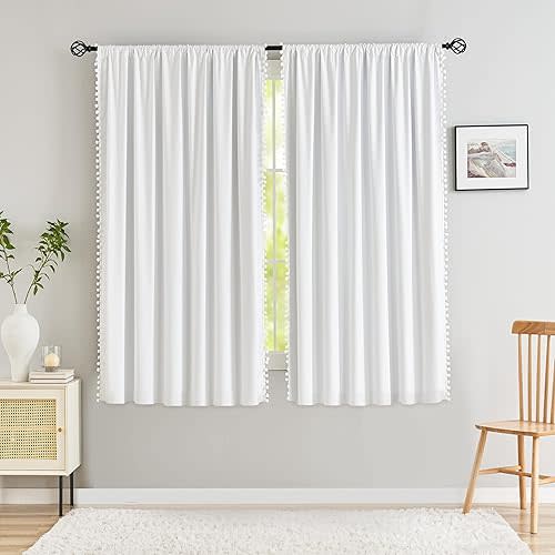 White Blackout Curtains for Bedroom Pom-Pom Thermal Insulated Full Blackout Window Drapes 63inch Length Curtain Panels for Kids Guest Room Hotel 52" Wx 2pcs